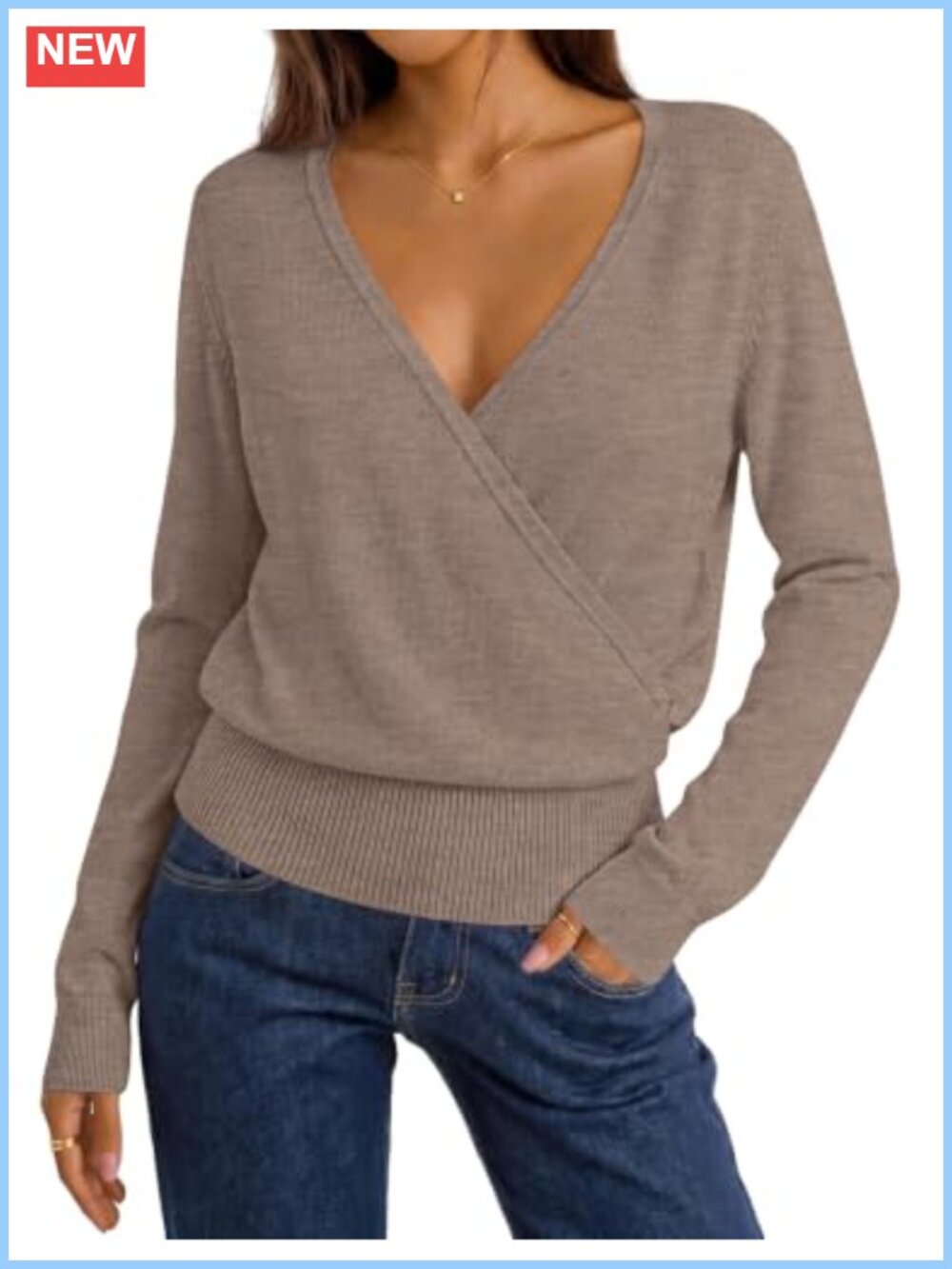 MEROKEETY V-Neck Wrap Sweater Faux Wrap Knit Pullover Long Sleeve